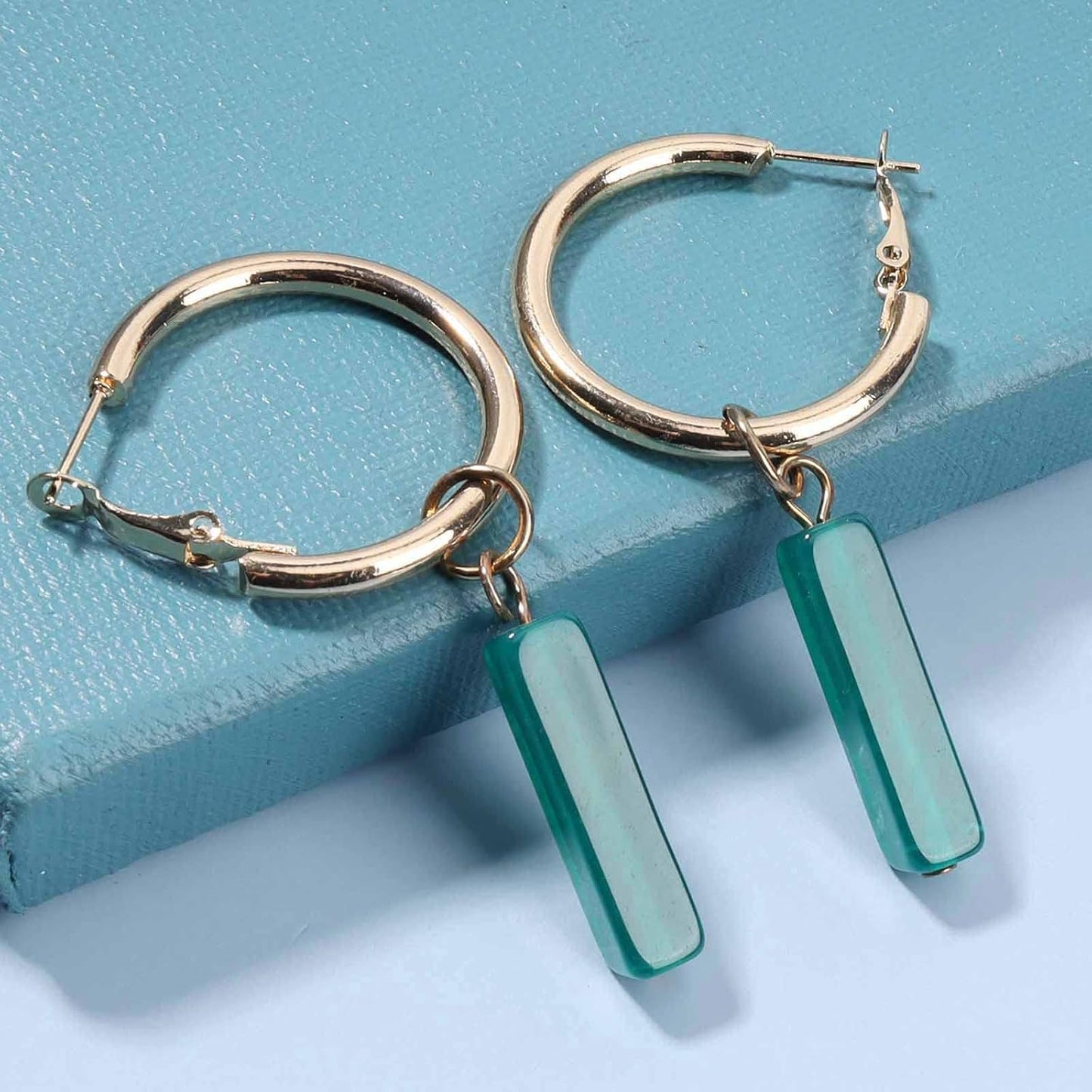 Boho Rectangle Green Jade Earrings Green Marbled Earrings Gold Circle Leverback Dangle Earrings Vintage Circle Hoop Dangle Earrings Jewelry for Women and Girls