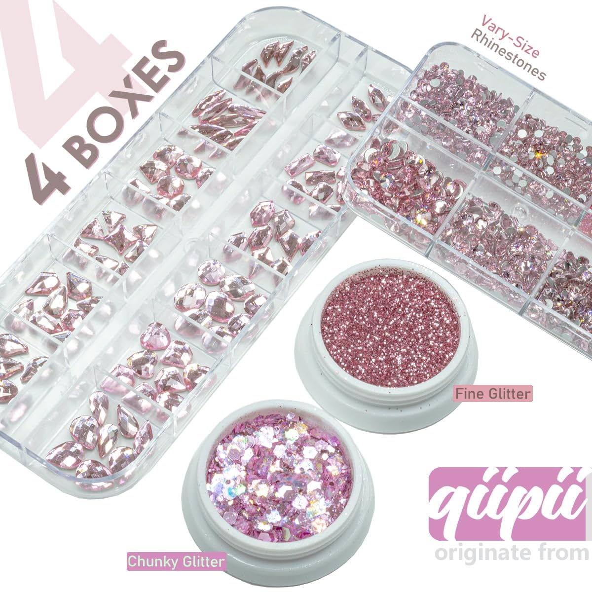 4 Boxes Light Pink Nail Rhinestones and Glitters 24 Shapes K9 Glass Gems Diamonds Flatback Round Stones Crystals Nail Art Charms for Nails Face Eyes Makeup DIY Crafts Tumblers Bottles Clothes