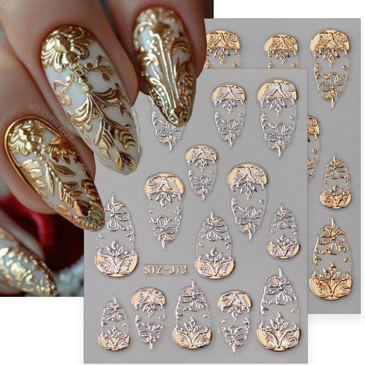 5D Embossed Flower Nail Art Stickers 3 Sheets Metallic Retro Totem Nail Decals Gold Silver Flowers Heart Tree Nail Stickers Luxury Nails Design Supplies French Tip Manicure Accessories for Women DIY