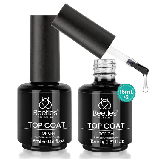 Beetles Top Coat Gel Nail Polish Set – 2Pcs 15ml No Wipe Gel Top Coat, Long-Lasting High Gloss Finish, Clear Nail Polish Soak Off UV/LED Nail for DIY & Professional Manicure