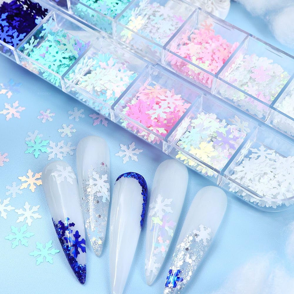 Christmas Nail Art Glitters Sequins, 3 Boxes Holographic Snowflake Nail Art Flakes Red Green White Winter Snowflake Star Glitter Sticker Decals Manicure DIY Xmas Decorations 36 Styles