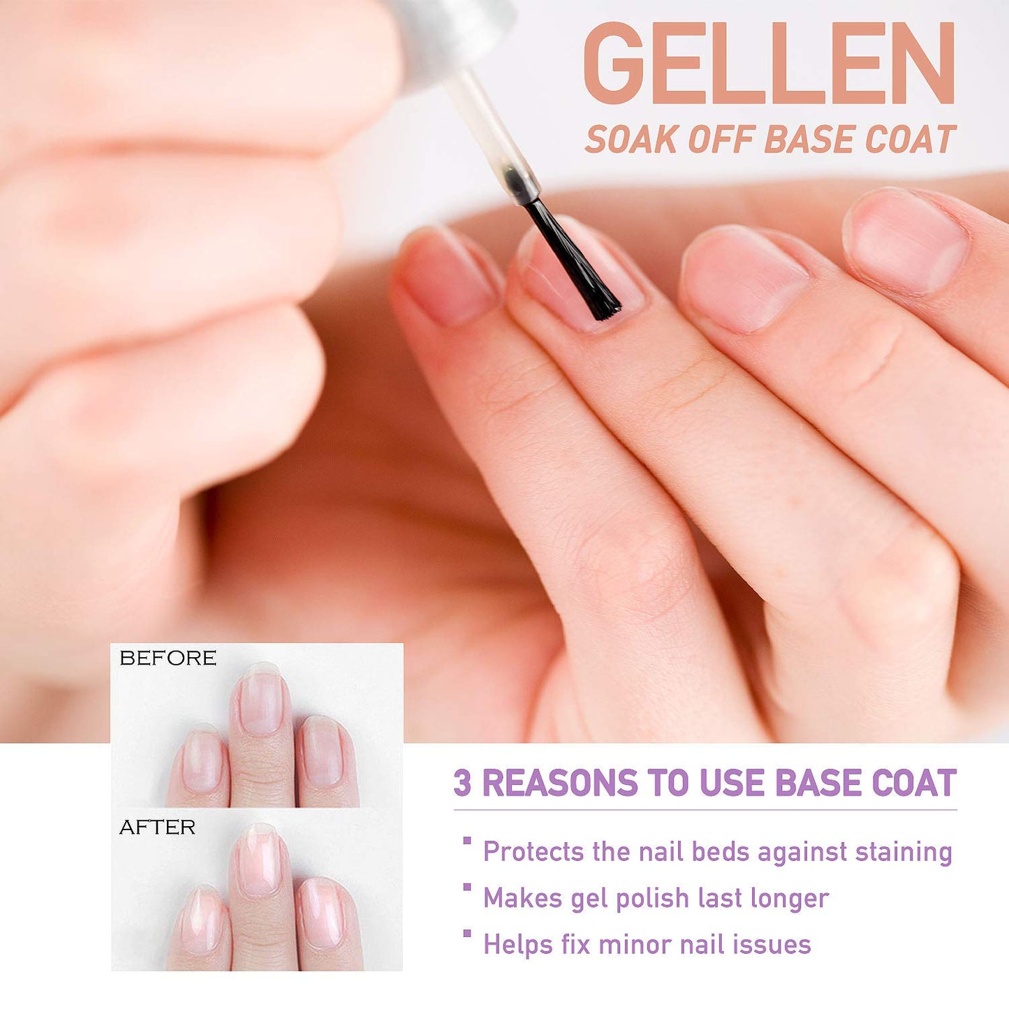 GELLEN Gel Top Coat and Base Coat, 2Pcs No Wipe Gel Nail Polish, Soak Off Nail Lamp Clear Base Top Coat Long Lasting Finish Nail Art Design Home Gel Manicure Kit