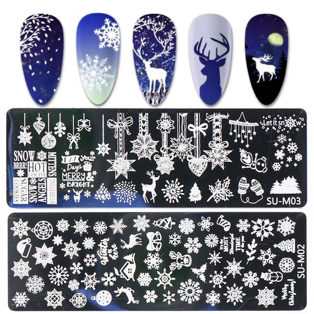 Christmas Nail Stamping Plates, 6Pcs Christmas Nail Stamper Kit Snowflakes Elk Xmas Tree Bell Snowman Winter Nail Art Stencils Plates Nail Manicure Template Design Tool