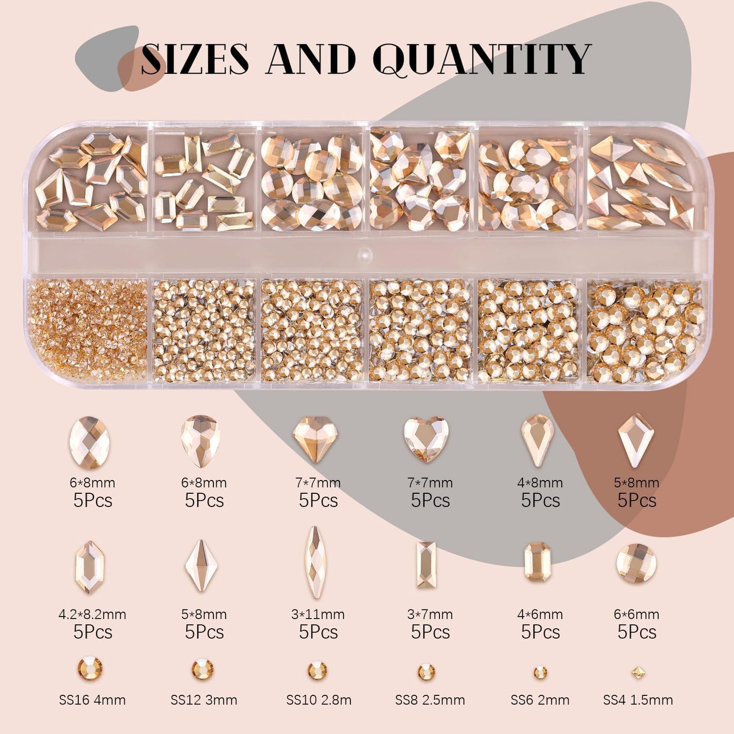 2060Pcs Champagne Gold Glass Nail Rhinestones 60Pcs Multi Shapes Flatback Nail Gems + 2000Pcs 1.5-4mm Round Crystal, Manicure Nail Charms Diamond Gemstone for Acrylic Nails Decoration