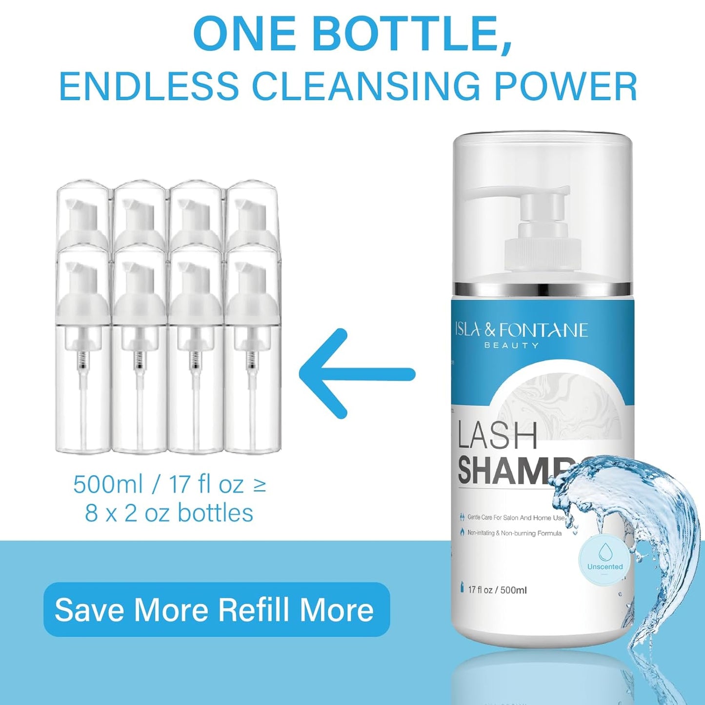 Isla & Fontane Lash Shampoo Bulk – Multi-Scent Series – 17 fl oz / 500ml | Gentle Eyelash Cleanser for Lash Extensions | Non-Irritating | Professional Lash Bath Foam For Salon And Home Use (Unscented)