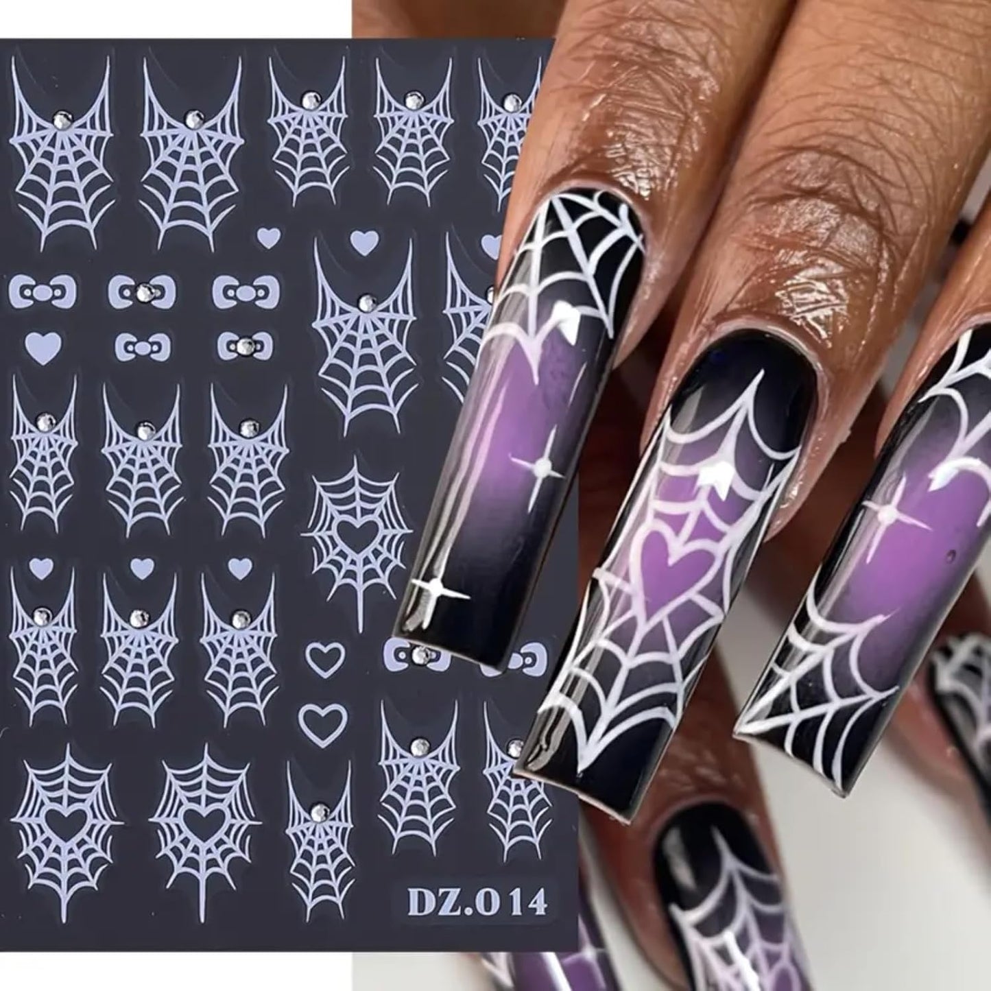 Halloween Nail Art Stickers Decals 4PCS White Spider Web Spider Nail Decals with Rhinestone Crystal Spider Web Spider Nail Stickers Bow Heart Halloween Nail Art Supplies for Women Manicure Decorations