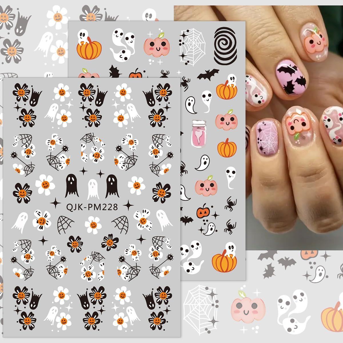 Halloween Nail Art Stickers Decals Gothic Self-Adhesive Nail Stickers Design Pumpkin Ghost Bat Black Cat Nail Decals for Women Girls DIY Manicure 8 Sheets Halloween Nail Stickers Decoration Supply