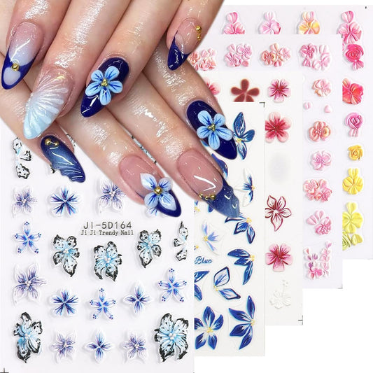 Blue Flowers Stickers for Nails 5D Embossed Flower Nail Stickers Lily Hibiscus Cherry Blossom Rose Floral Nail Decals Self Adhesive Nail Wraps Spring Summer Nails Pegatinas para Uñas 5 Sheet