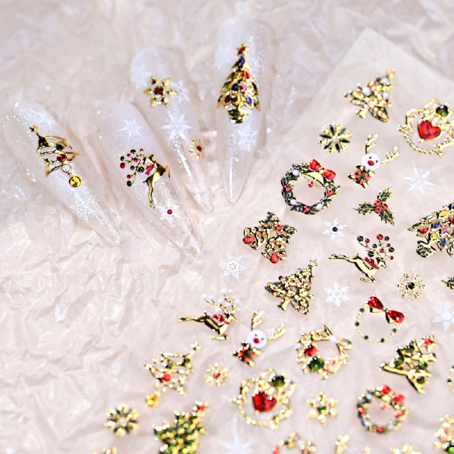 Christmas Nail Stickers for Nail Art Glitter Gold Cute Reindeer Christmas Tree Wreath Nail Art Stickers Xmas 5D Embossed Nail Decals 3D Self-Adhesive Nails Supply Manicure Sliders for Nails Decoration