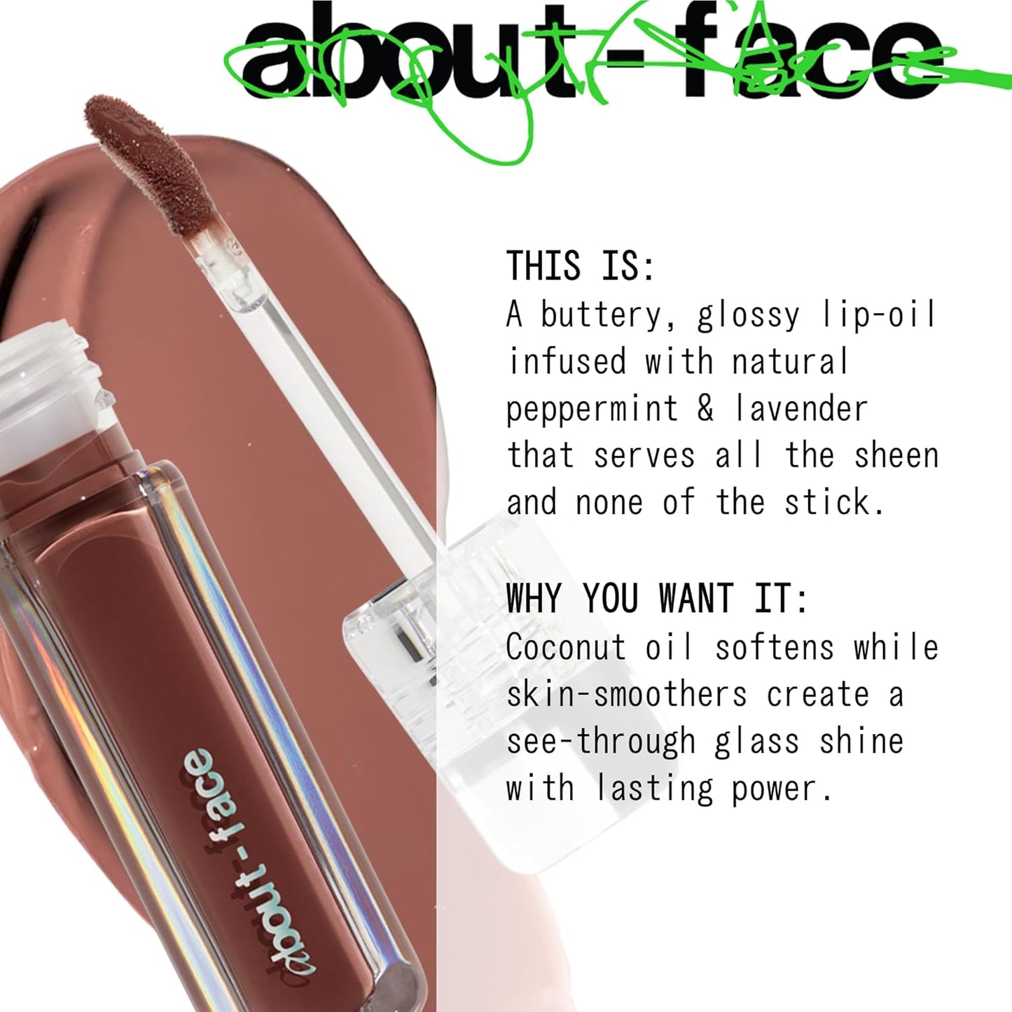 about-face Light Lock Lip Gloss Adore Me – Non-Sticky, High-Shine Lip Oil Gloss with Coconut Oil, Peppermint & Lavender – Vegan, Cruelty-Free, Clean Beauty – 0.21 oz (Chestnut)