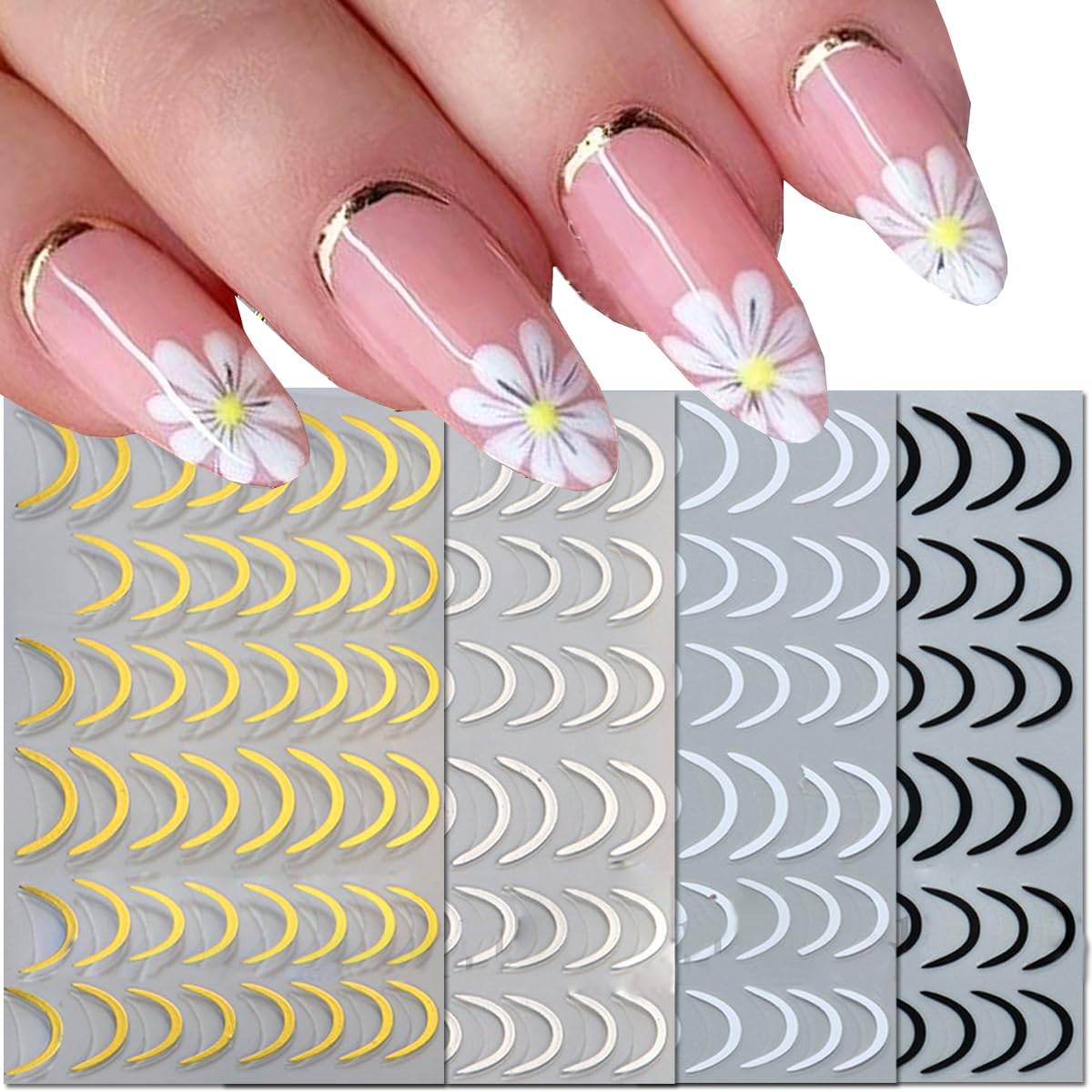 8Sheets French Line Nail Stickers, 3D Sticker for Nail Art Gold Silver White Lines Adhesive Tapes Stripes Swirl with Diamond Nail Design Curved Gel Nail Art Sliders Polish Manicure Tip Nail Decoration