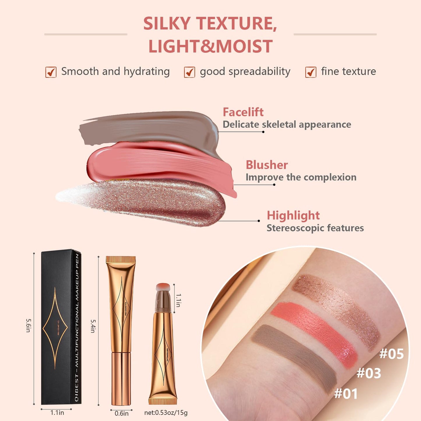 Liquid Contour Beauty Wand Set,Blush Liquid Contour Stick Highlighter Makeup With Cushion Applicator,Long Lasting Smooth Natural Matte Finish,Lightweight Blendable Super Silky Cream Sticks (01#03#05)