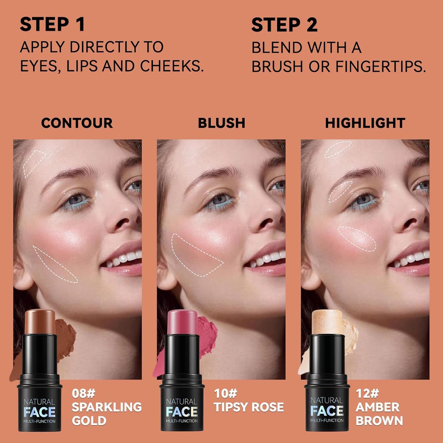 3Pcs Cream Contour Stick Makeup Kit, Shades with Highlighter, Blush and Bronzer Contour Stick for Sculpt the Cheeks, Long Lasting, Waterproof, Matte & Dewy Finish LIGHT FAIR(8+10+12)