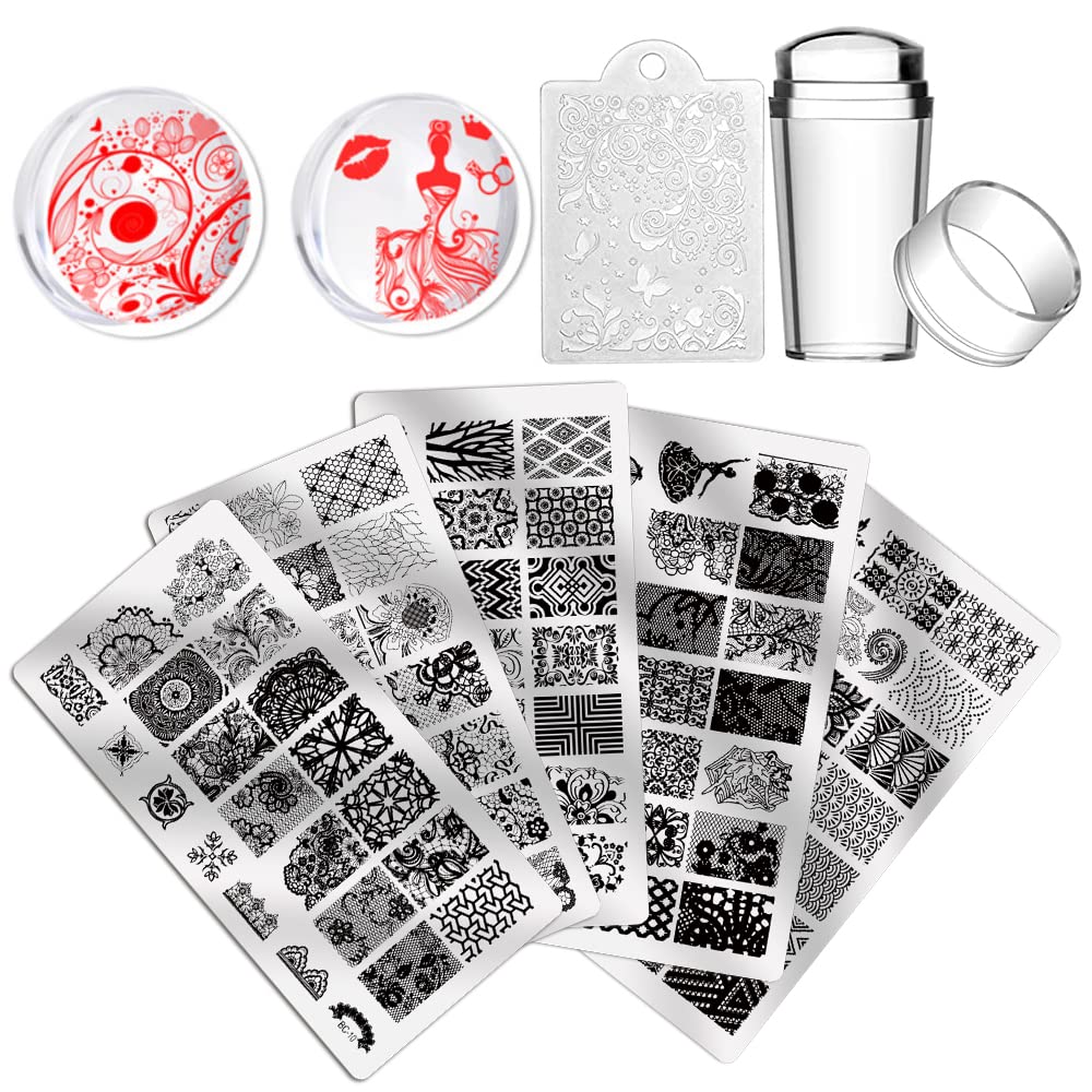 Biutee 5pcs Nail Stamping Plates + 1 Stamper + 1 Scraper Lace Flower Animal Pattern Nail Art Stamp Stamping Template Image Plate Nail Art Stamper Scraper Nails Tool