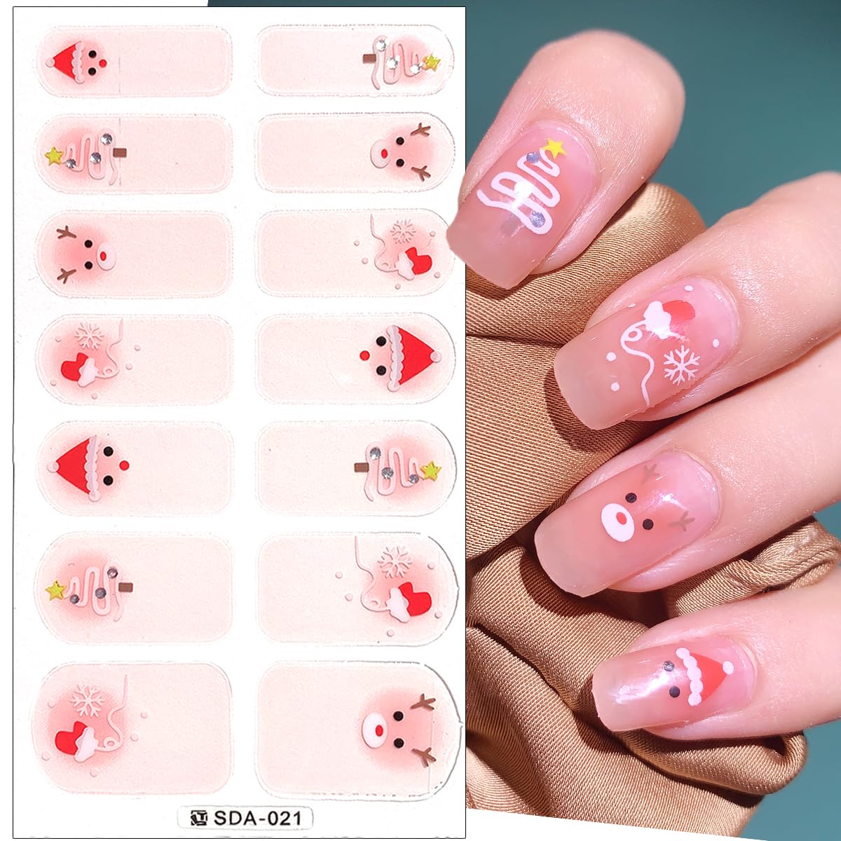 6Sheets Christmas Nail Wraps 3D Snowman Polish Strips Self-Adhesive Winter Gel Stickers Santa Claus Xmas Bell Reindeer Design for Nails Decorations