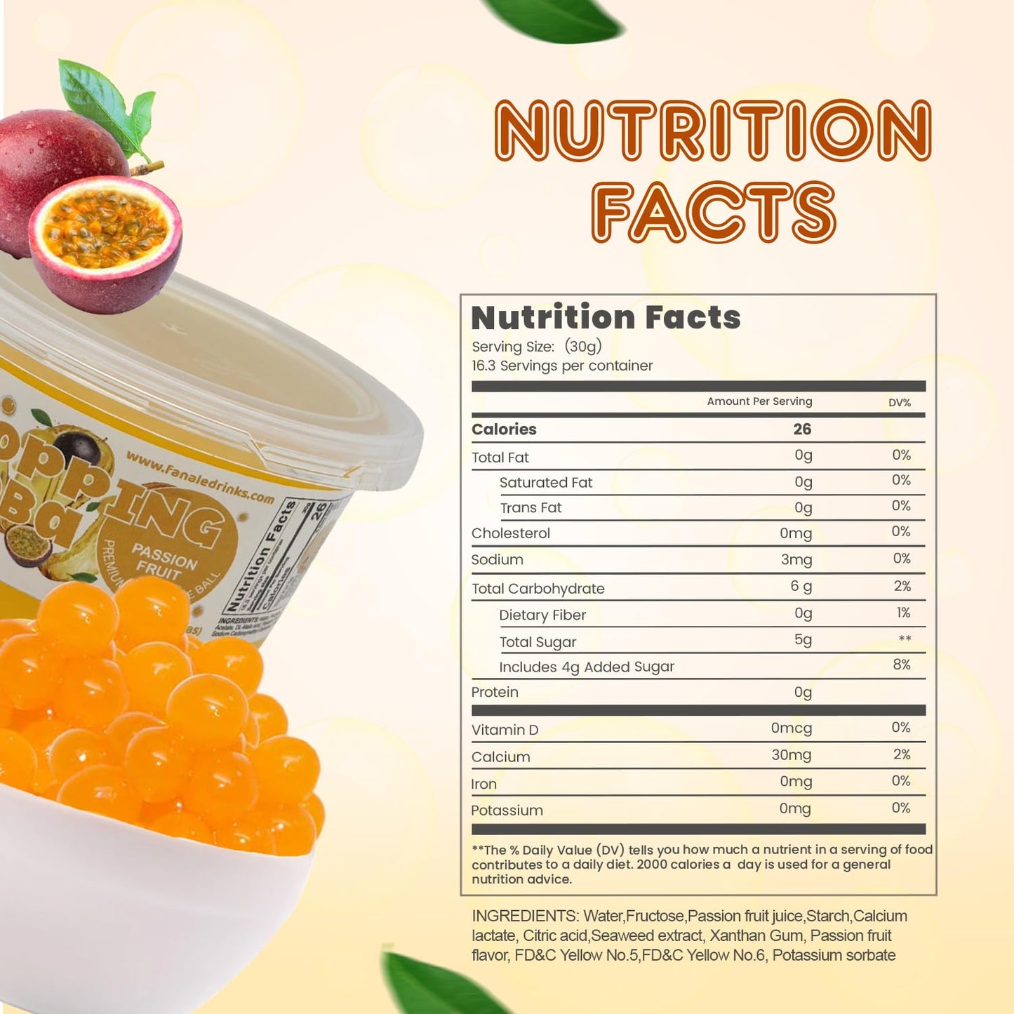 Fanale Passion Fruit Popping Boba Pearls, Vegan, Non GMO, Gluten Free, Fat Free, Perfect for Bubble Tea, Smoothies, Ice Cream, Desserts, and Beverages.