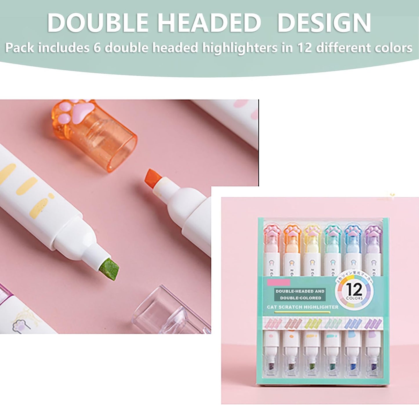 Double-headed Highlighter Markers, 6Pcs of 12 Flat Heads, Cute Light Color Eye Protection Highlighters, Bright and Vintage Markers for School Office Supplies