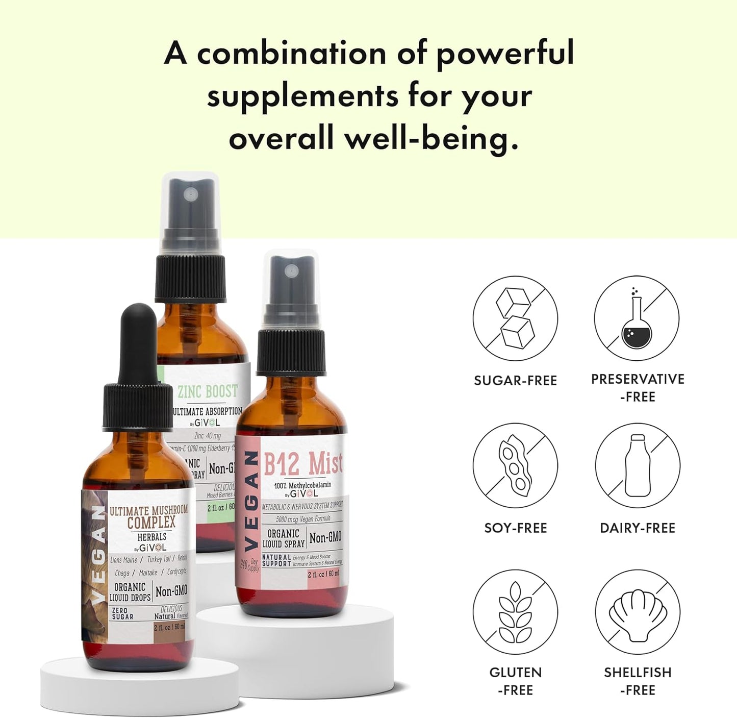 Cognitive Wellness Bundle Liquid Vitamin Trio: Methylcobalamin B12, Lions Mane, Reishi, Chaga Mushroom Complex & Zinc Picolinate: Gluten-Free, Sugar-Free, Non-GMO - 360 Days Supply
