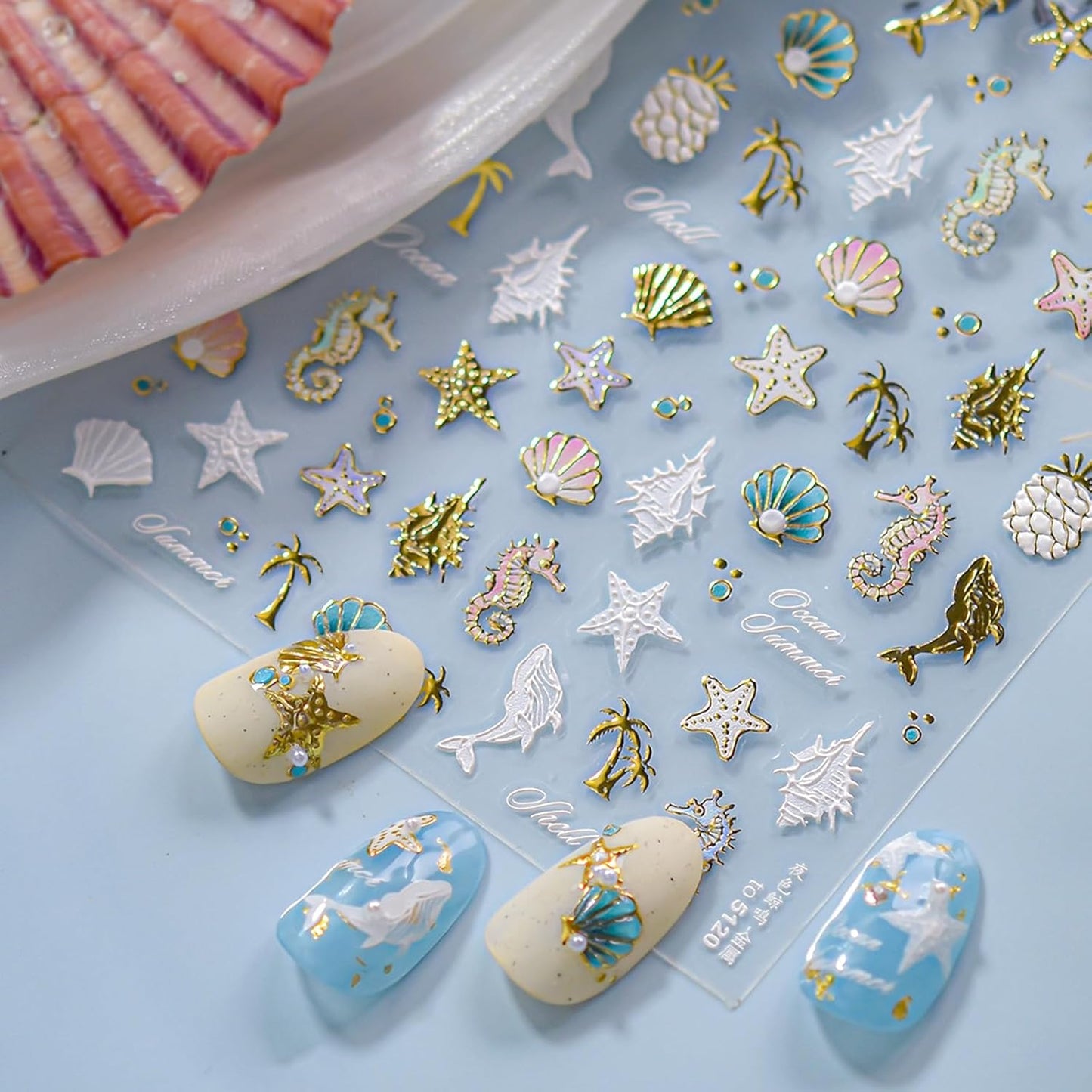 1Pcs Summer Nail Stickers for Nail Art 5D Embossed Pineapple Conch Dolphin Shell Nail Art Sticker Golden Seahorse Nail Decals Coconut Tree Starfish Nails Stickers Ocean Beach Nails Design for Women