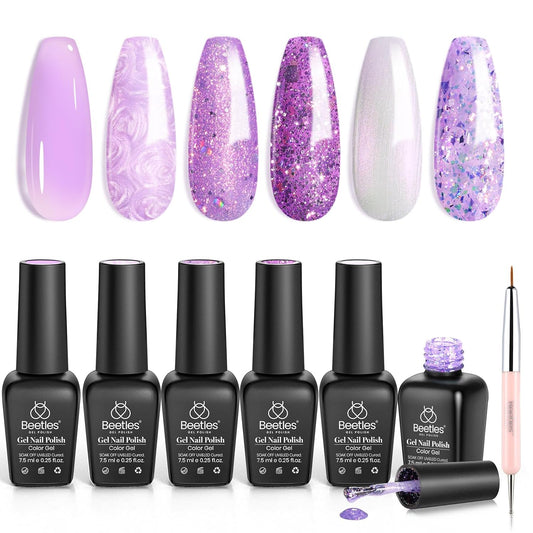 Beetles Purple Gel Nail Polish Set, 6 Color Spring Purple Shimmer Pearl Jelly Gel Polish with Nail Brush Soak Off LED Lamp Swirl Shell Thread Effect DIY Manicure Gifts for Mom