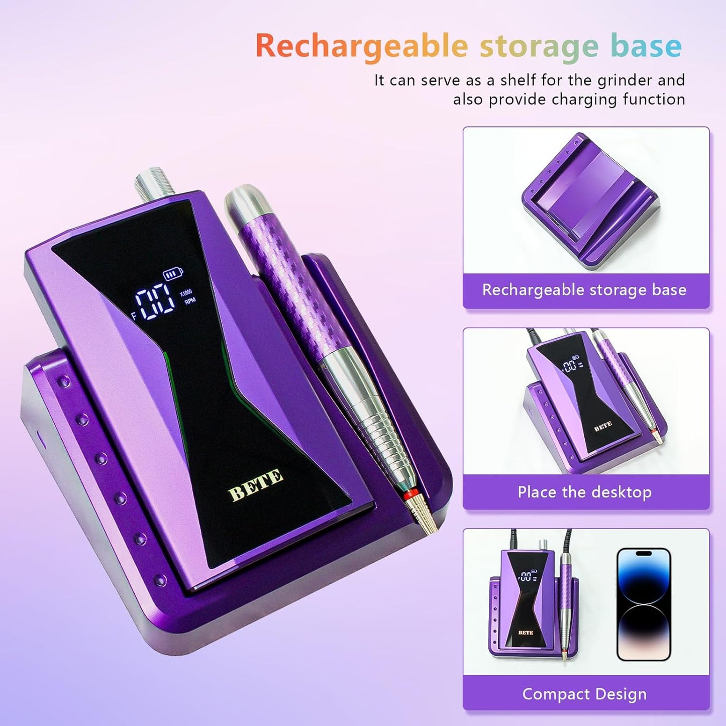 BETE Professional Nail Drill Machine, 0-40000RPM Brushless Durable Electric Nail File for Acrylic Gel Nails, Rechargeable Nail Drill with Charging Base with 6pcs Drill Bits for Salon Home, Purple