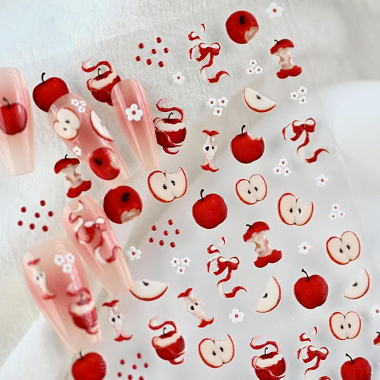 Apple Nail Stickers for Nail Art Cute Green Apple Sticker Flower Nail Art Stickers 5D Embossed Nail Decals 3D Self-Adhesive Nails Supply Manicure Sliders for Nails Decoration