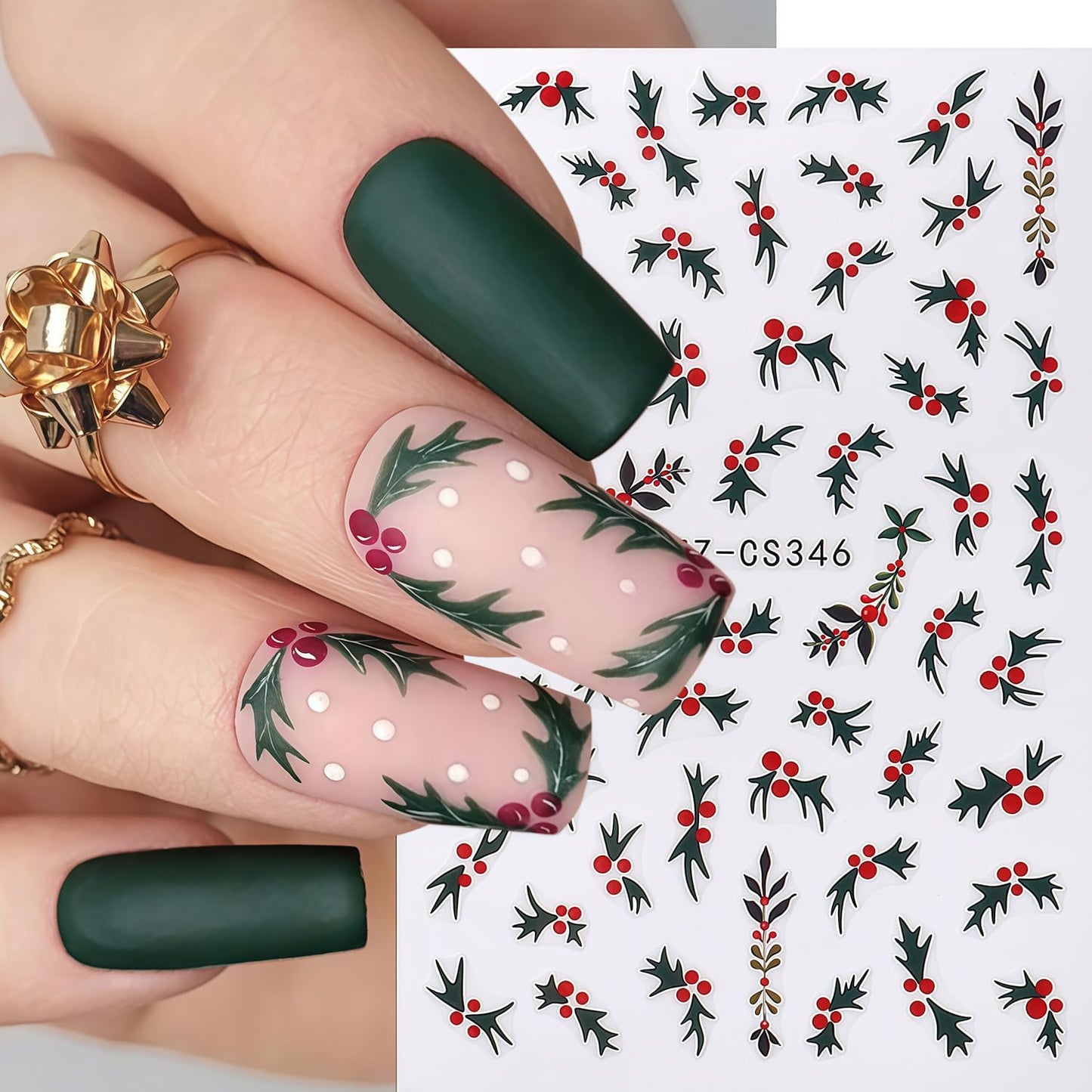 8 Sheets Christmas Nail Stickers for Nail Art, Christmas Holiday Holly Leaves Nail Decals Design 3D Self-Adhesive Winter Leaves Nail Art Stickers Supplies for Women Holiday DIY Manicure Decoration