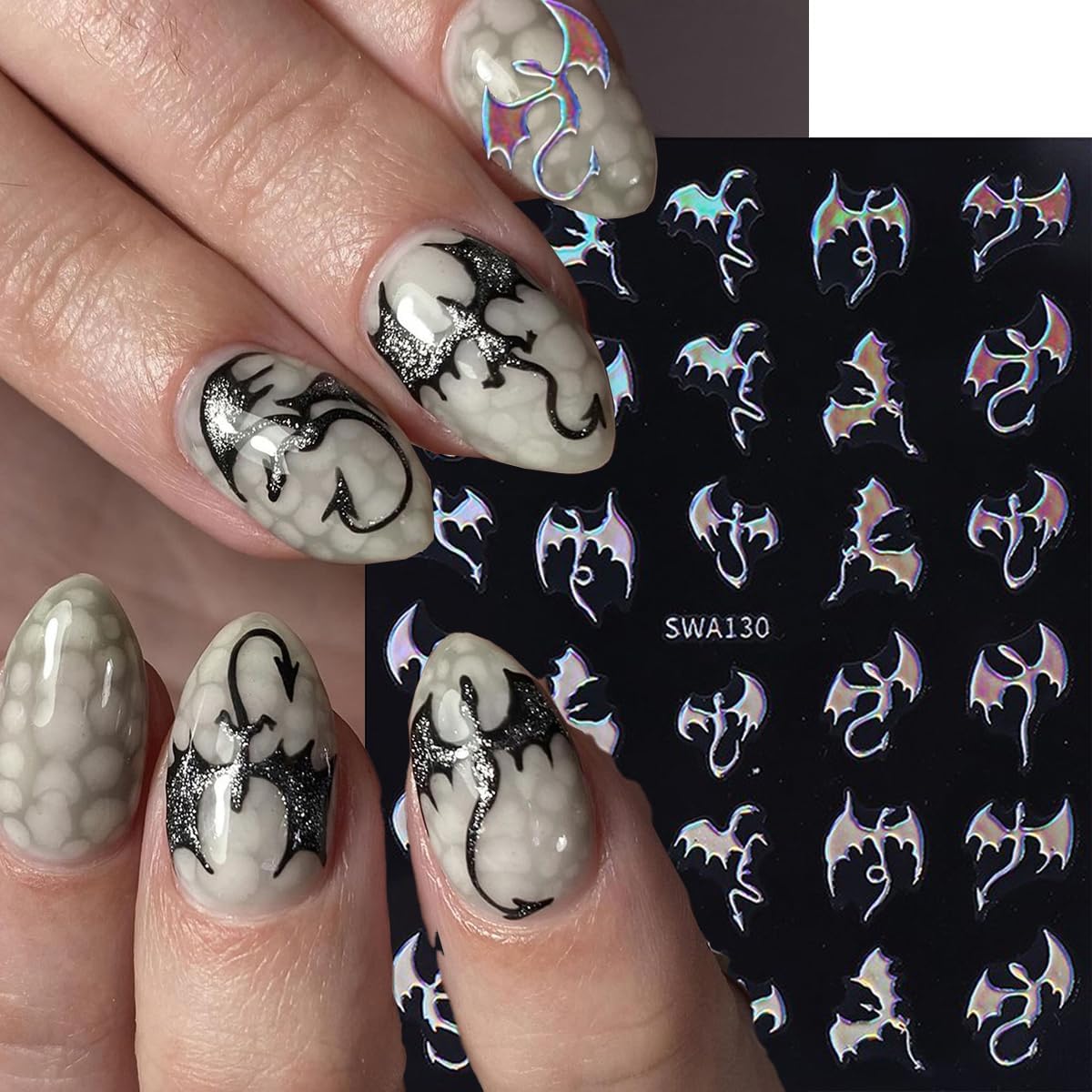 6Sheets Bat Nail Stickers Halloween Nail Decals Dragon Nail Art Stickers Gold Silver Laser Bronzing Design Cute Sticker Nail for Nail Art for Women DIY Manicure Decor Supplies