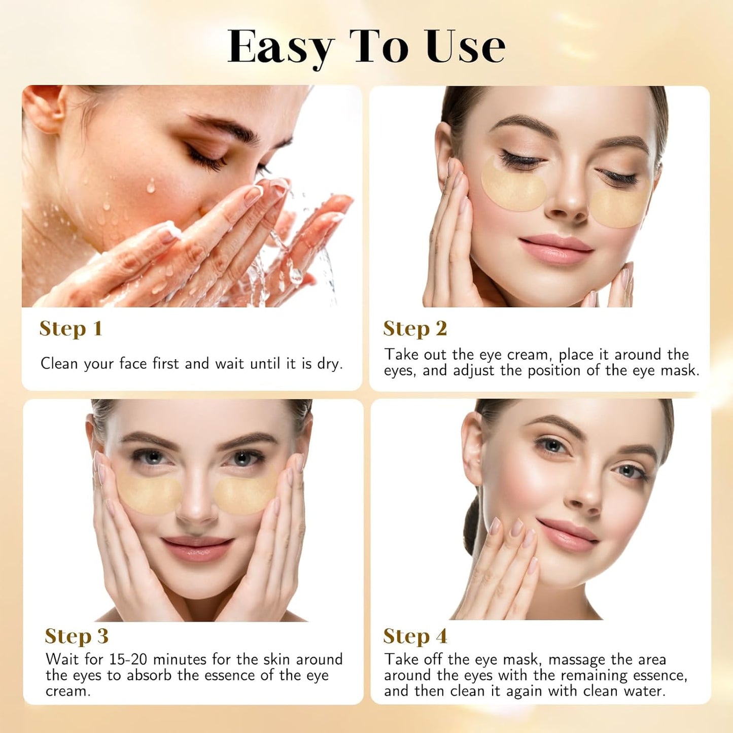 60 Pack 24K Gold Under-Eye Patches, Eye Mask for Dark Circles, Puffiness, Contains Collagen & Hyaluronic Acid for Eye Bags Puffiness Wrinkle, Women Men Beauty Skin Care Products