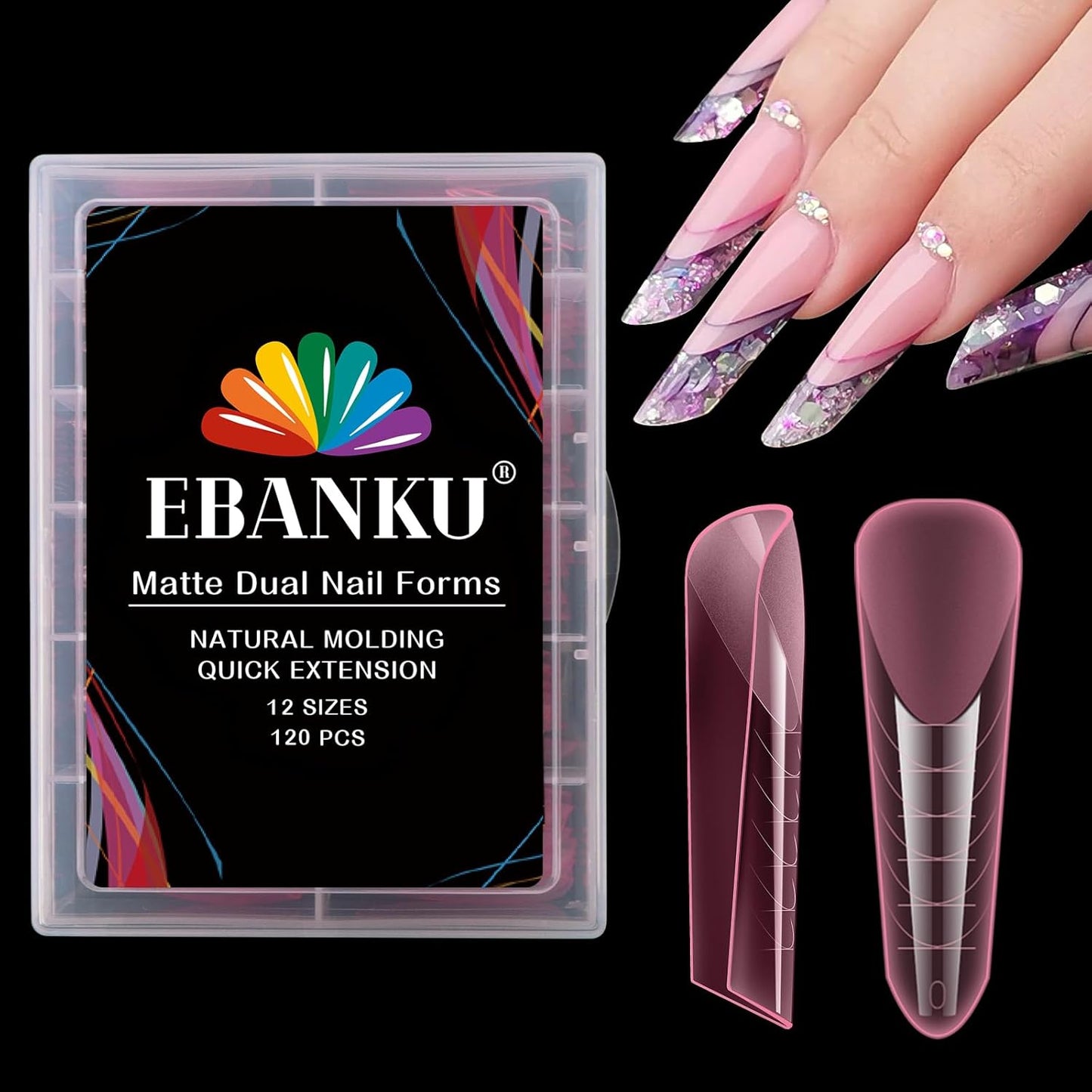 EBANKU Dual Nail Forms for Poly Extension Gel, 120 PCS Pink Nail Molds Reusable Nail Extension Forms for Builder Gel Manicure Design Salon DIY 12 Sizes