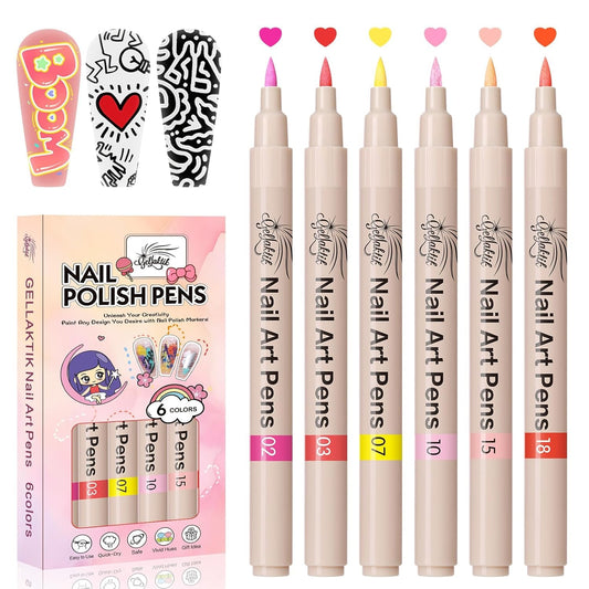 6 Colors Nail Art Pens Set, 3D Nail Polish Pens Quick-Drying Acrylic Paint Markers, Dotting Liner Brush for DIY Nail Design, Home & Salon Manicure Tools