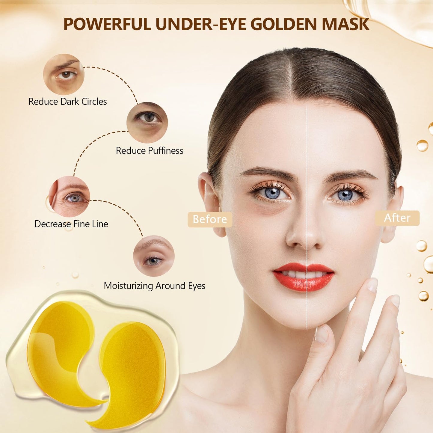 24K Gold Eye Mask 60Pcs, 5 Portable Golden Collagen Under Eye Patches, 30 Pairs Women Men Hydrating Undereye Gel Pads for Dark Circles Puffy Eyes Puffiness Wrinkle Eye Bag Treatment