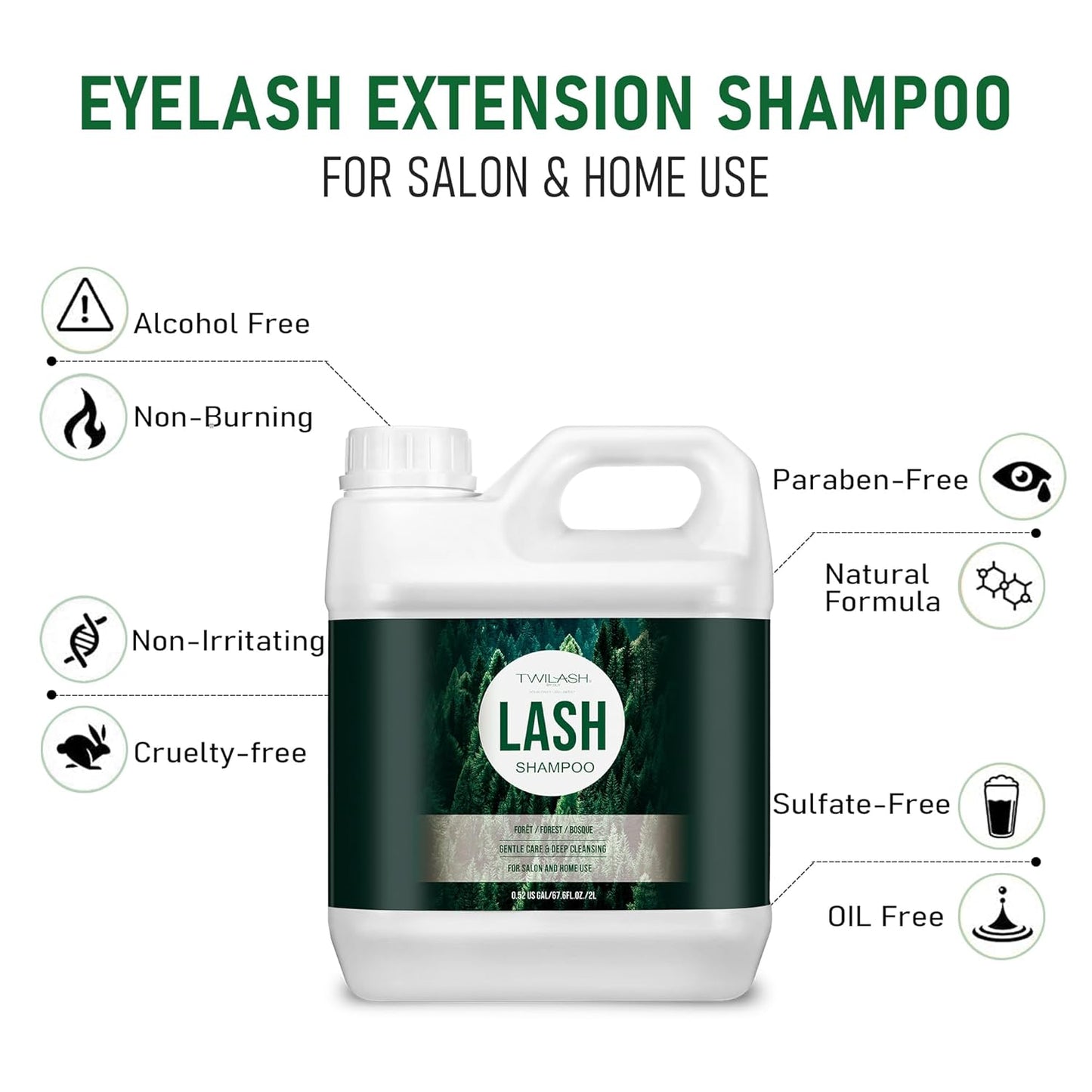 Lash Shampoo Bulk, Eyelash Cleanser for Extensions 2 Liters, Safe Makeup Remover, Non-irritating or Burning Eyelid Foaming Cleanser for Professional Salon and Home Use (Forest-2L)