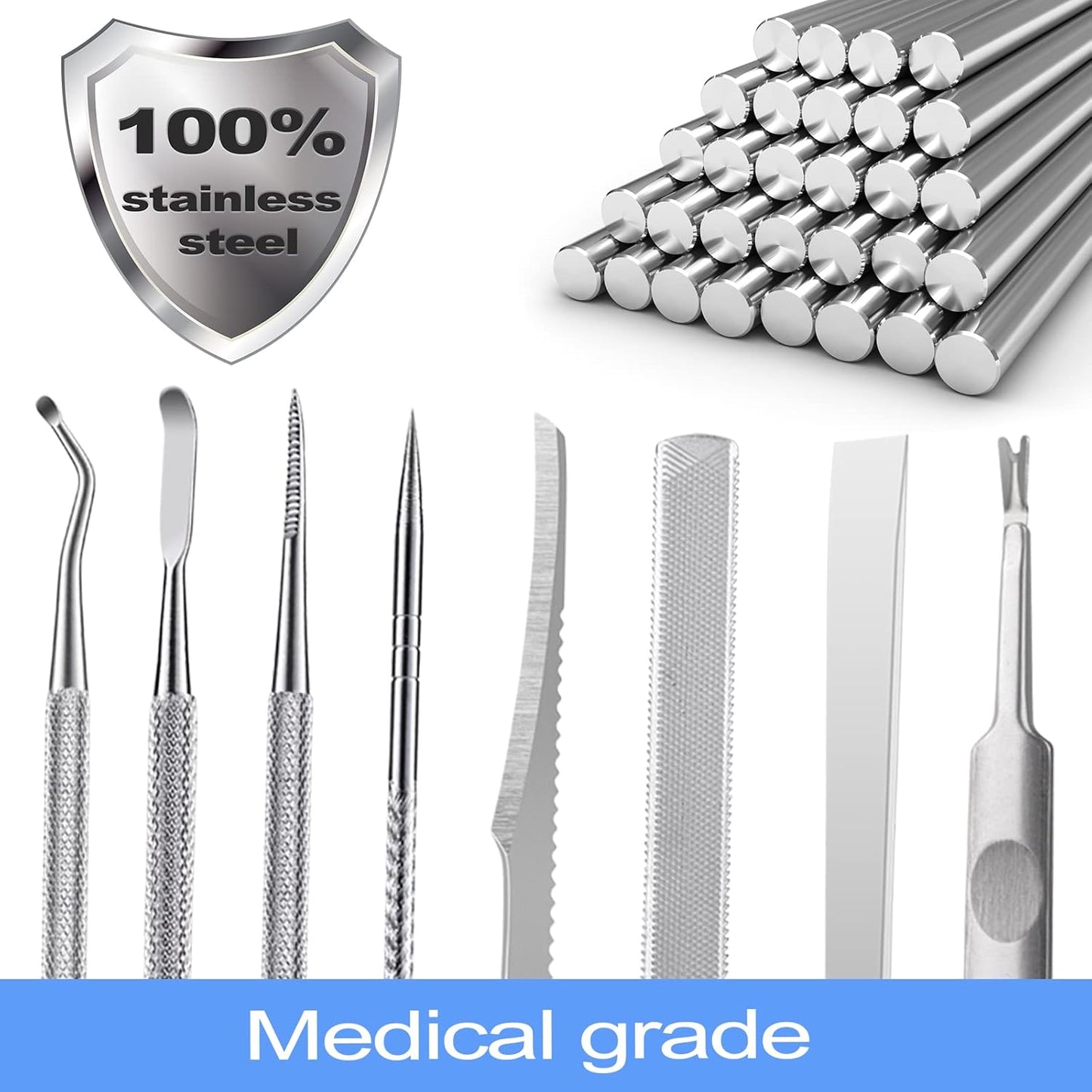 Ingrown Toenail Tool Removal Tool Kit, 10PCS Surgical Stainless Steel Professional Ingrown Toenail File and Lifters Manicure Care Treatment for Nail Correction Under Sidewall Clean