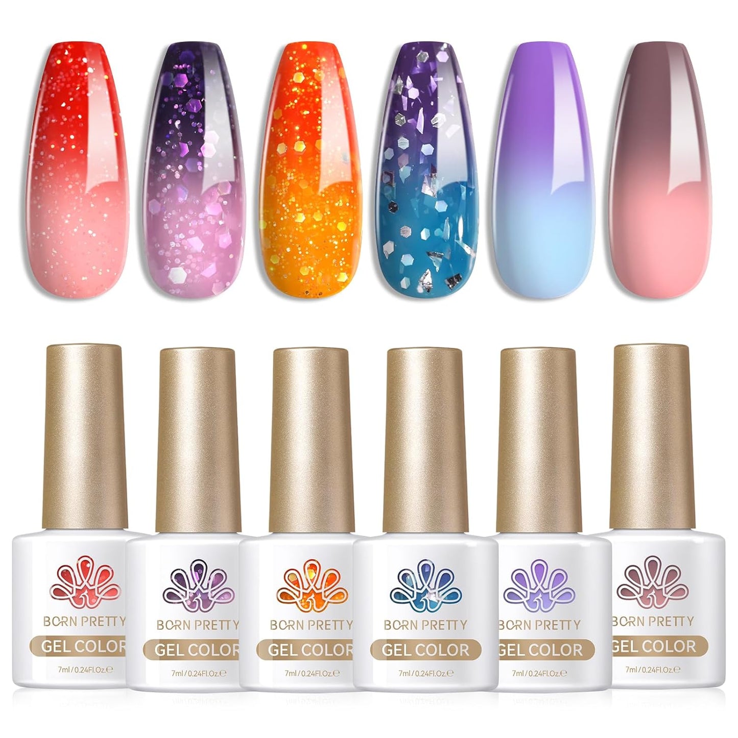 Born Pretty Color Changing Gel Nail Polish, 6 Colors Glitter Temperature Change Gel Polish Blue Pink Neon Long Lasting Nail Polish U V Set for Manicure and Nail Art, DIY at Home, Salon-Quality 7ml