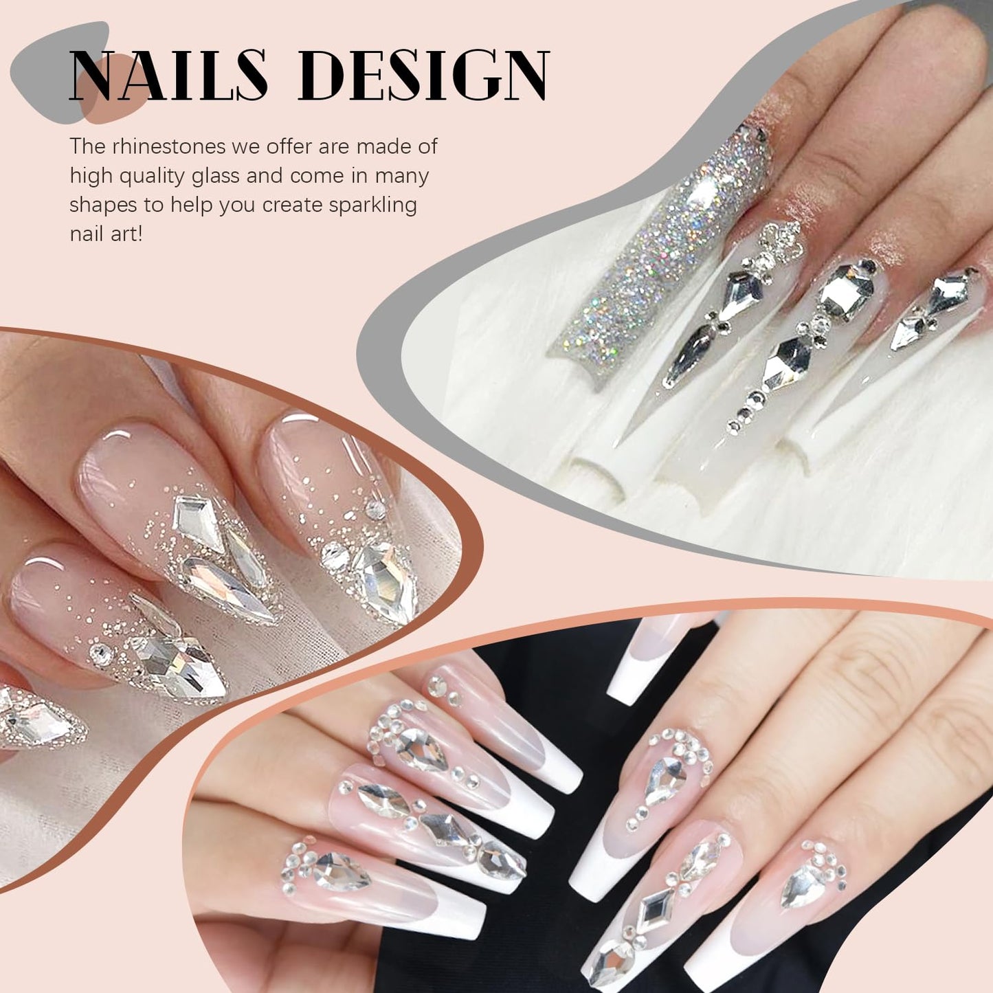 3220Pcs Silver Clear Nail Rhinestones 120Pcs Multi Shapes Glass Flatback Nail Gems + 3100Pcs 1.5-4mm Round Crystal with Rhinestones Glue Gel, Manicure Nail Charms Diamond Gemstones for Nail Art