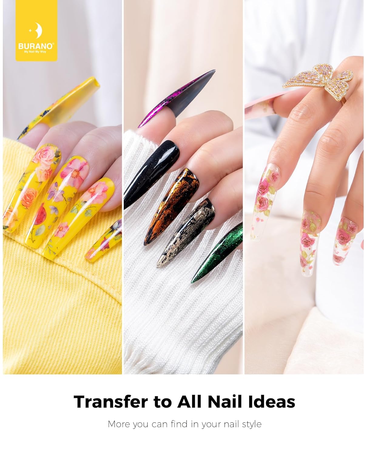 BURANO Nail Art Nail Foil Glue Gel, o.5 oz with 10PCS Foil Stickers Set Nail Foil Glue for Nails Foil Transfer Gel, Nail Design Home DIY UV LED Lamp Required (Marble Glitter) 22