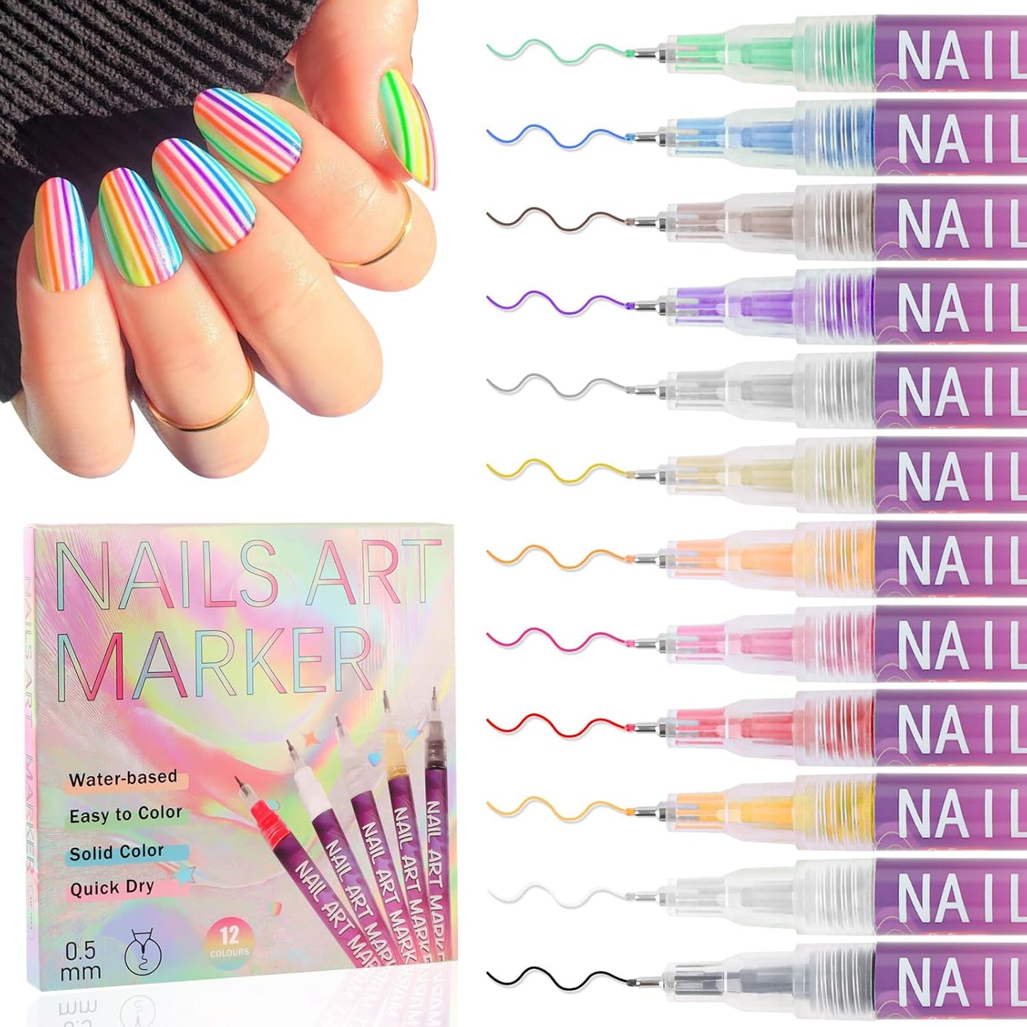 12 Colors 3D Nail Art Pens, Fine Tips 0.5 MM Nail Polish Pens Quick-Drying EBANKU Acrylic Nail Paint Point Dotting Liner Pen Tools for Home & Salon Manicure DIY