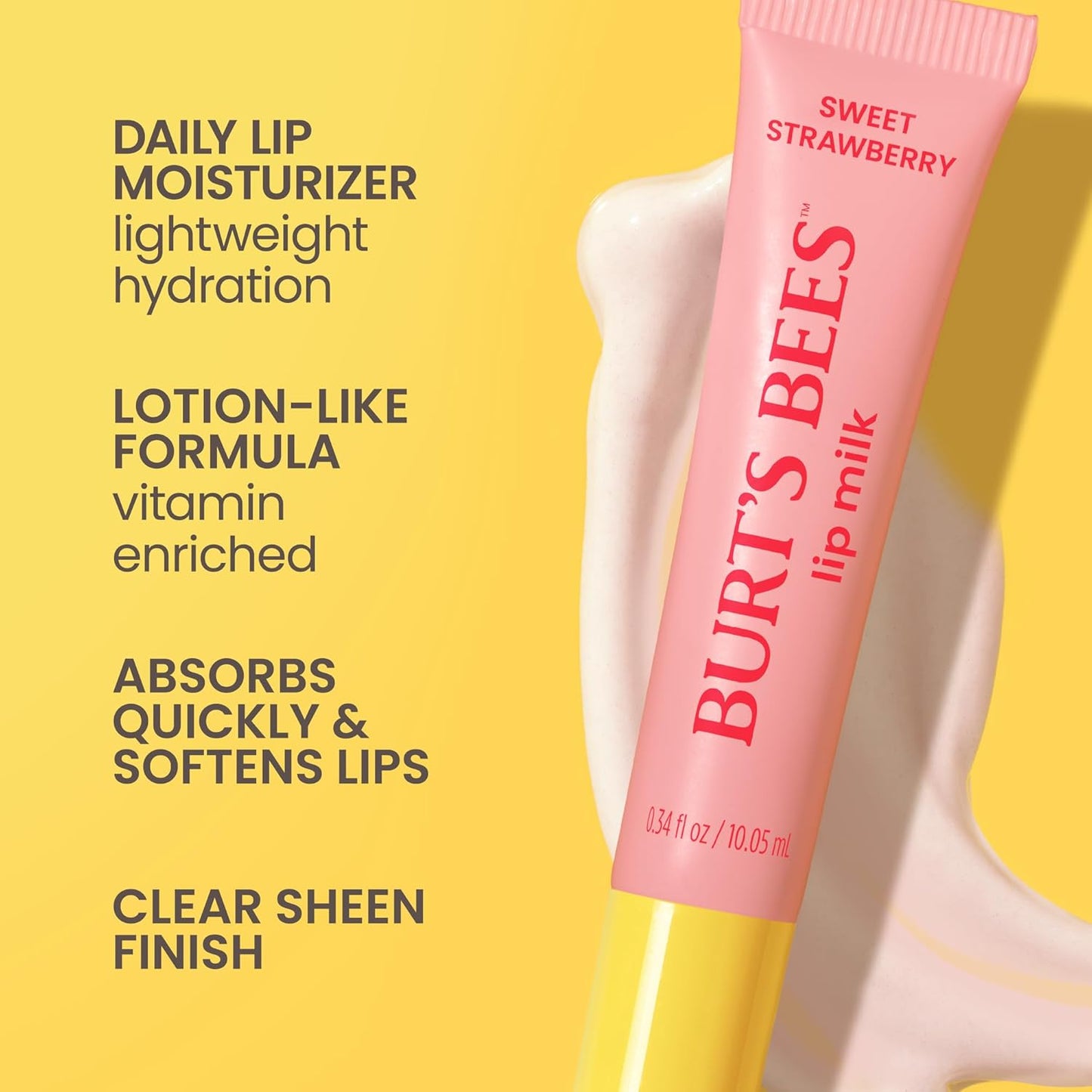 Burt’s Bees Lip Milk, Daily Lip Moisturizer, Sweet Strawberry, Vitamin Enriched Moisturizing Lip Balm with Almond Milk and Jojoba Oil, Hydrating for Softer Lips, 1 Tube, 0.34 Fl Oz