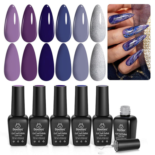 Beetles Purple Gel Polish Set, 6Pcs Purple Blue Gel Polish Silver Glitter Nail Gel Fall Winter Lost Universe Soak Off UV LED Nail Lamp Manicure DIY Home Gift for Women