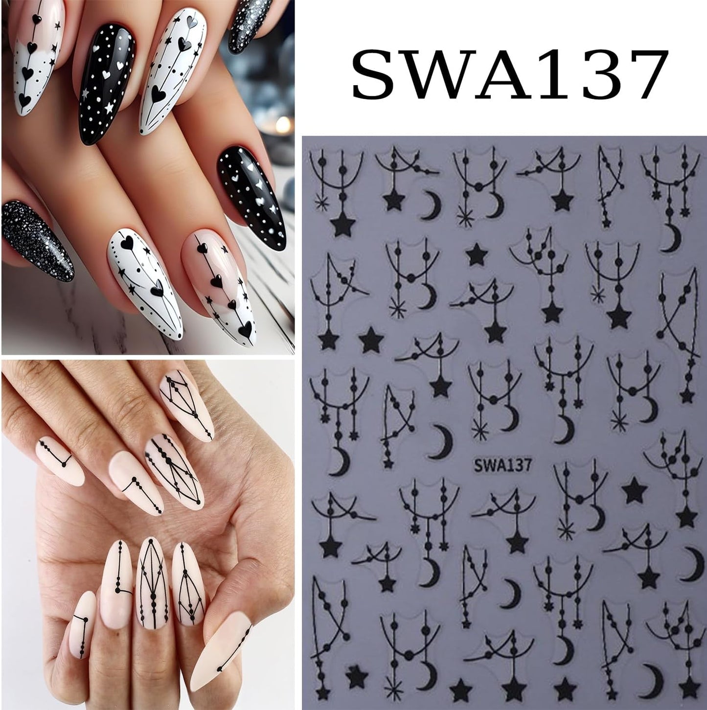 6 Sheets Moon Star Nail Art Stickers 3D Self -Adhesive Hollow Stars Nail Decals Holographic Black & Silver Pendant Star Moon Nail Stickers Unique Nail Decoration for Women Manicure Supplies