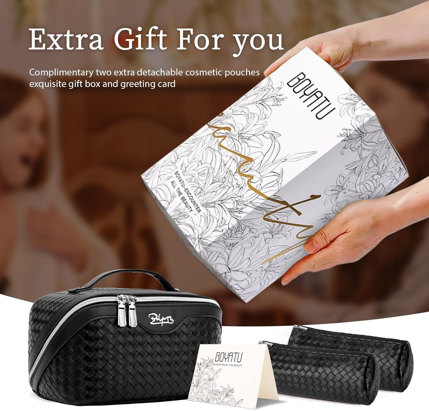 BOYATU Travel Makeup Bags for Women: 3 Pcs Large Make up Bags Set - Vegan Leather Cosmetic Bag for Traveling - Waterproof Toiletry Organizer (L03 Black)