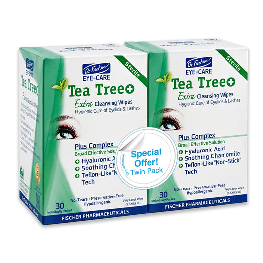 Dr. Fischer Tea Tree Oil Eye Wipes - Eyelid Wipes for Sensitive Eyes with Hyaluronic Acid and Chamomile, Makeup Remover, Daily Cleanser (60 wipes)
