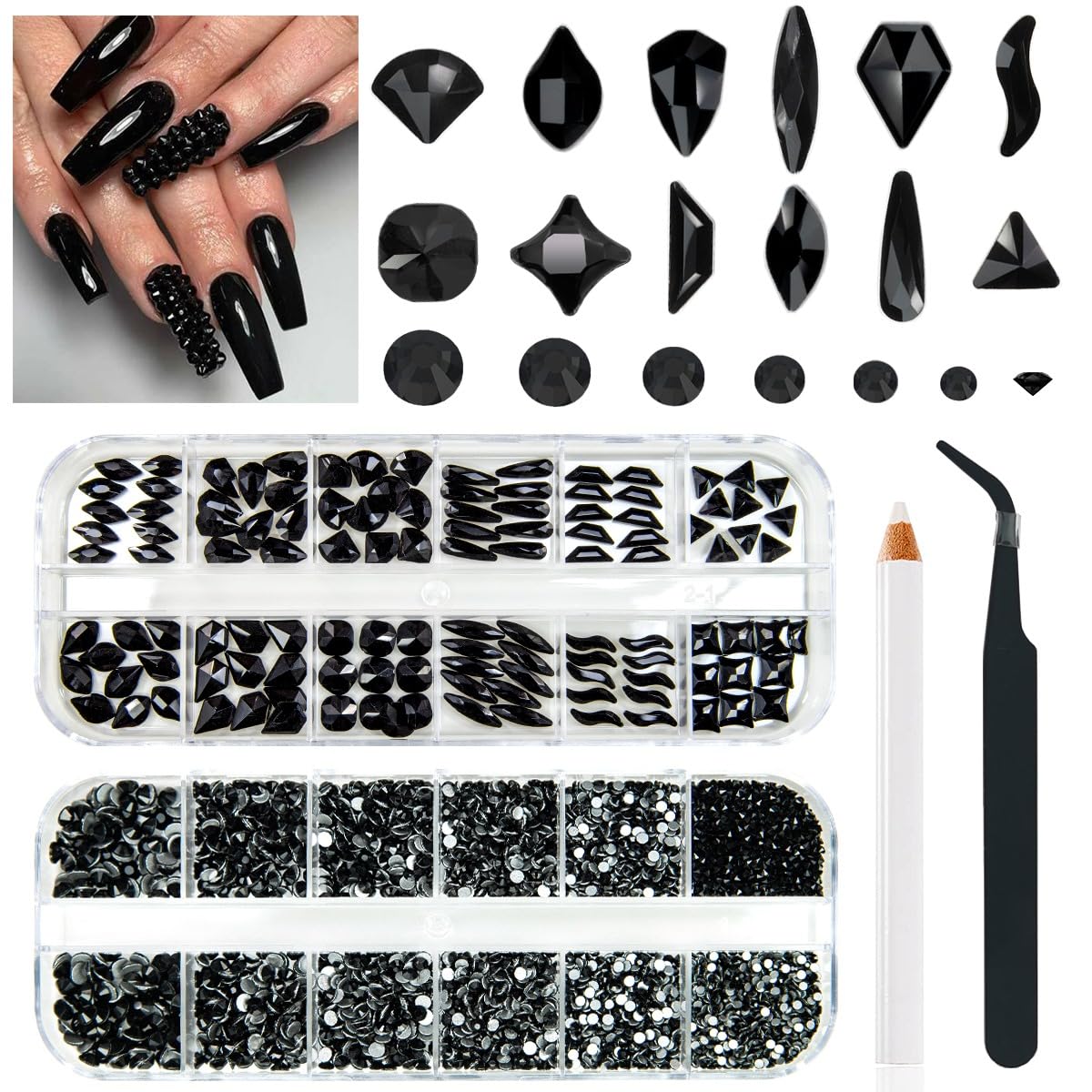 4080Pcs Black Nail Rhinestones Multi Shapes Flatback Jet Black Gems for Nails Round Beads K9 Glass Nail Crystals Stones Diamonds jewels Nail Art Supplies Charms for Nail Face Eyes Makeup Crafts