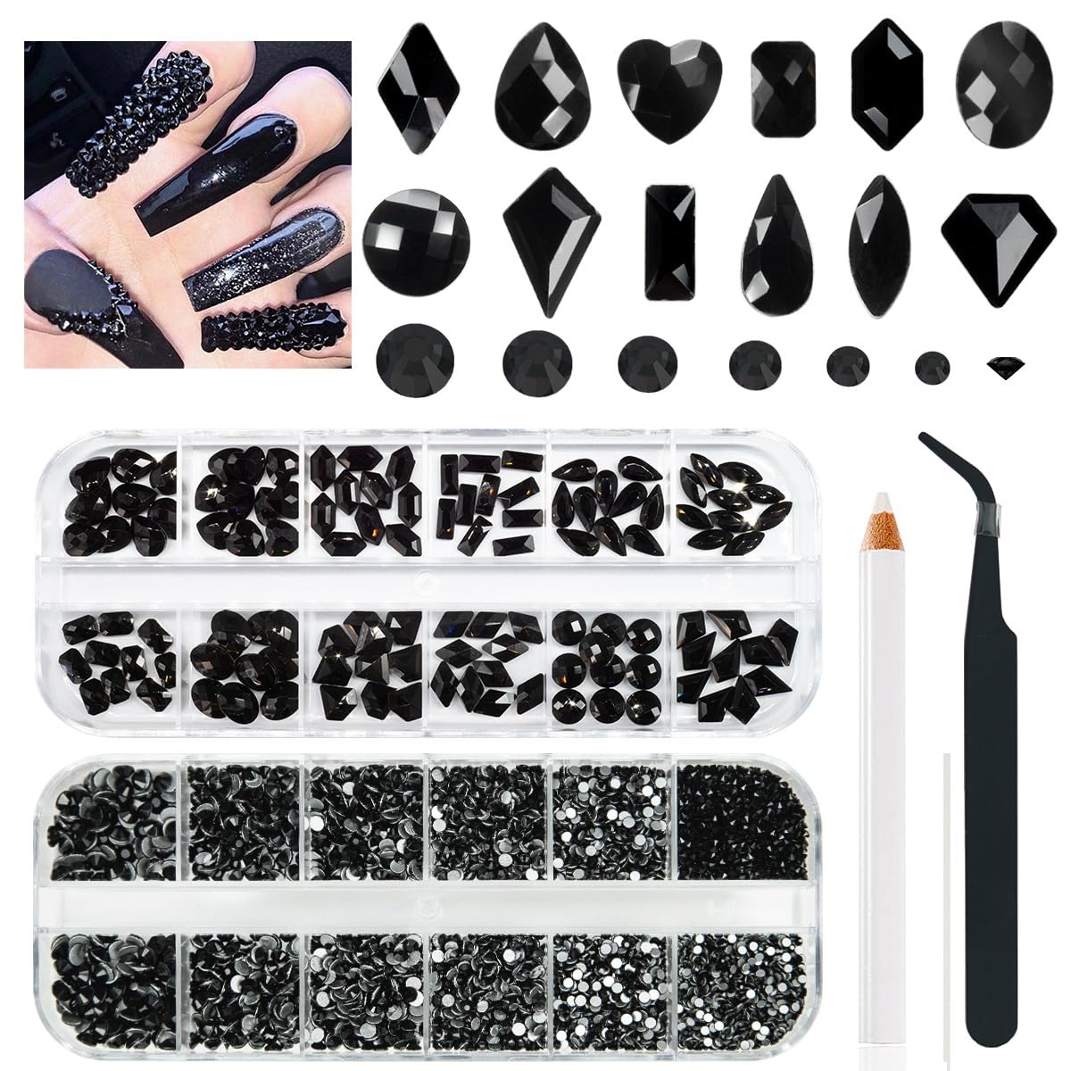 4080Pcs Black Nail Rhinestones Crystal Flatback Jet Black Rhinestones Round Beads Glass Gems Stones Nail Art Gems Diamonds jewels Multi Shapes Sizes Nail Charms for Nails Eyes Makeup DIY Crafts