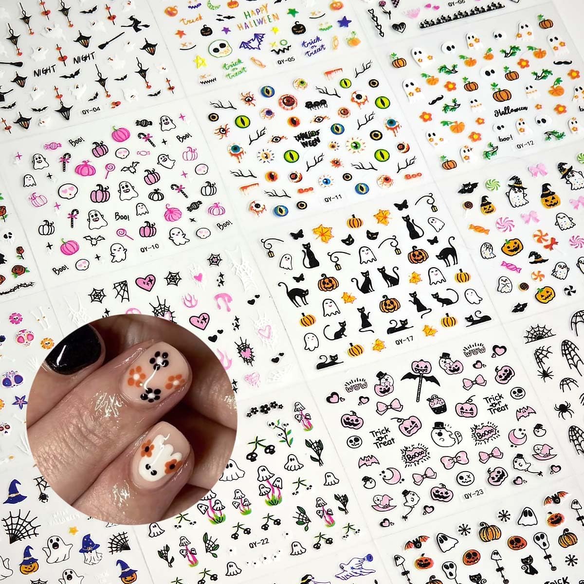 30 Sheets Halloween Nail Art Stickers Ghost Nail Stickers Pumpkin Nail Decals Skeleton Spider Web Self Adhesive Nail Art Supplies for Women Girls DIY Manicure Nail Art Decorations