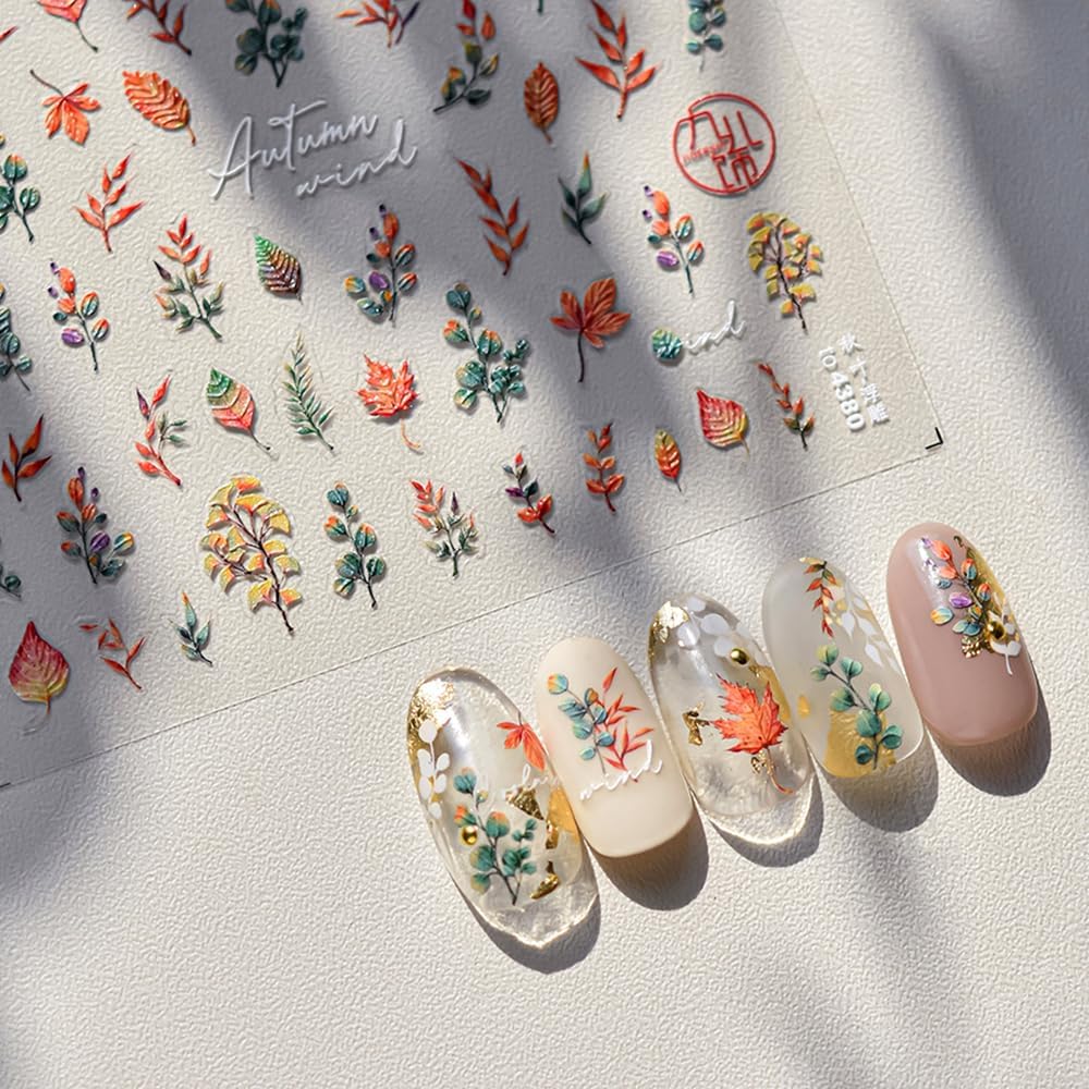 5D Relief Ginkgo Maple Leaf Stickers for Nails Design Fall Nail Stickers for Women Fall Leaves Nail Art Sticker Autumn Nail Decals Yellow Green Foliage Manicure Decor Sticker Nails Accessories