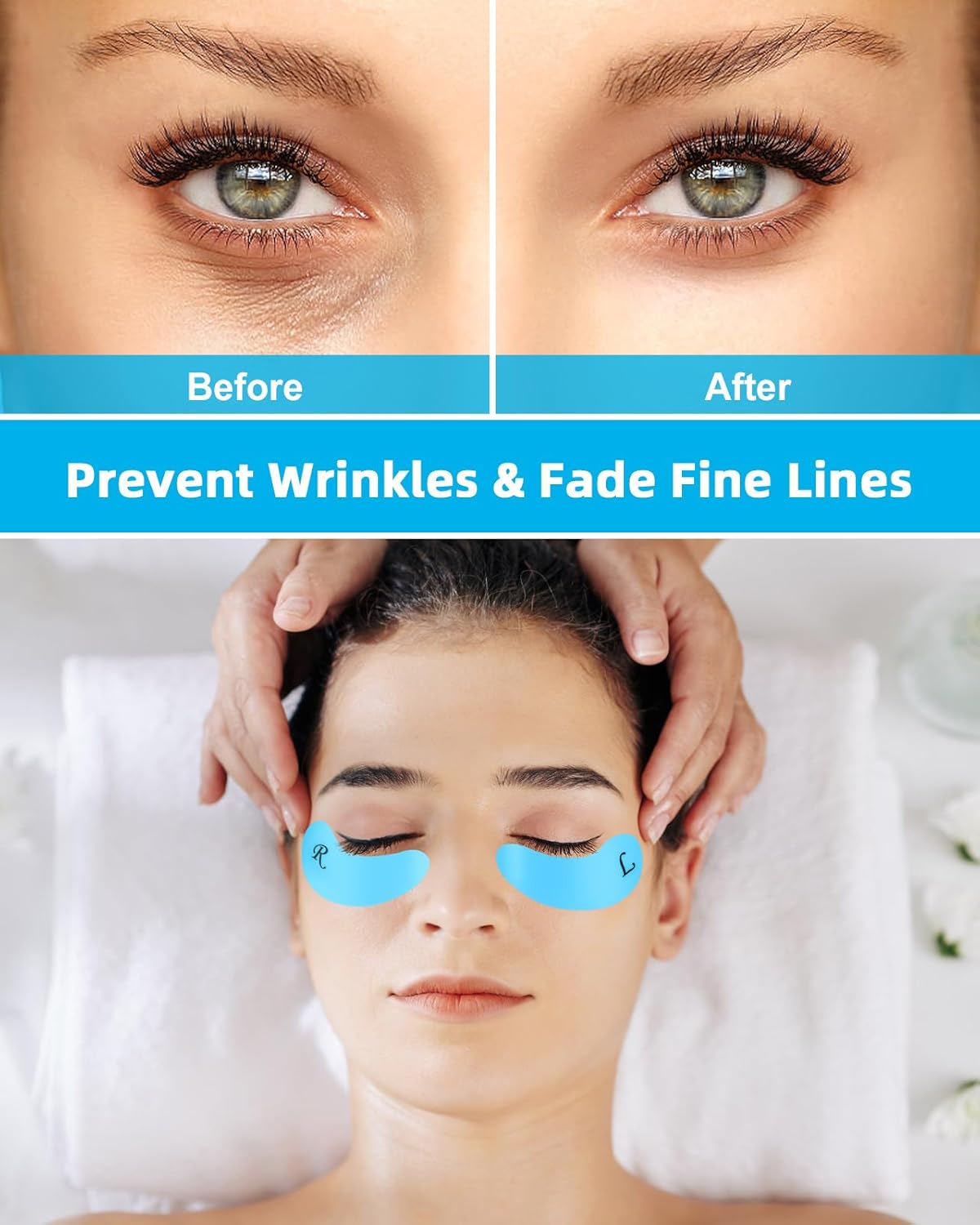 Under Eye Patches Silicone - 2 Pairs Reusable Eye Patches, Eye Wrinkle Patches, Reusable Under Eye Mask, Plump Fine Lines & Wrinkles, with Metal Eye Cream Applicator, Tin Case, Blue