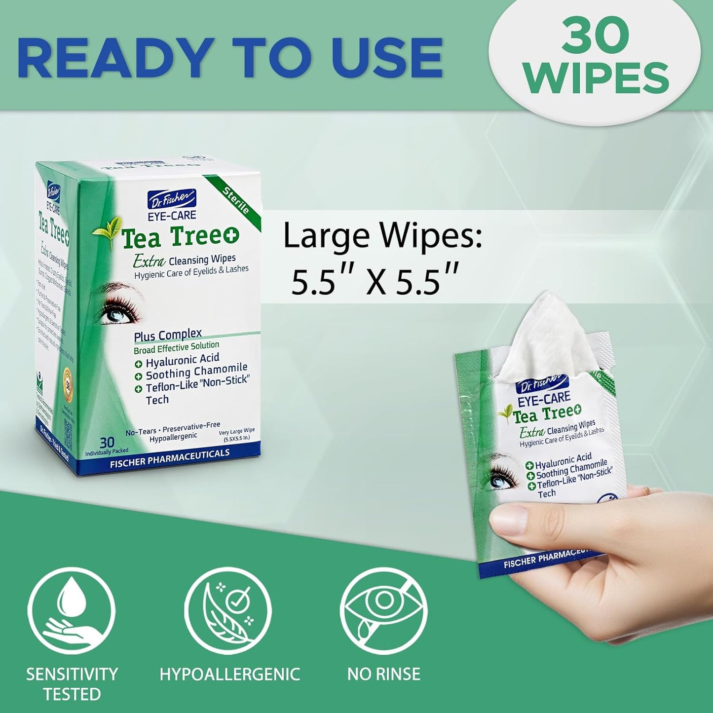 Dr. Fischer Tea Tree Oil Eye Wipes - Eyelid Wipes for Sensitive Eyes with Hyaluronic Acid and Chamomile, Makeup Remover, Daily Cleanser (30 wipes)