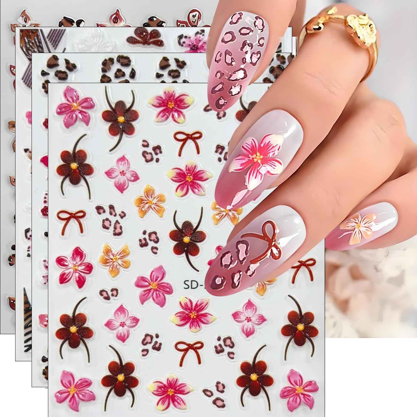 Fall Flowers Nail Art Stickers, Maillard Leopard Lily Nail Decals 3D Embossed with Sweet Cool Spicy Girl Style Design 8Pcs Nail Art Supplies for Women Nail Decoration